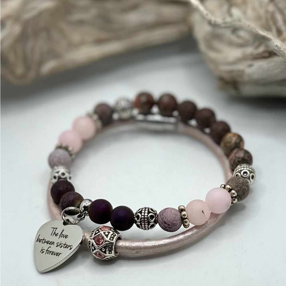 Sister Love Charm Bead Bracelet Set - Pink, Purple & Brown with leather Bracelet